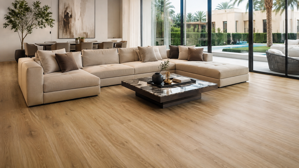 Vinyl flooring installed in a modern villa living room in Dubai, UAE