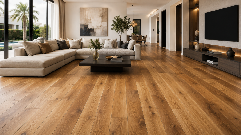 Wooden flooring installed in a modern home in Dubai, UAE