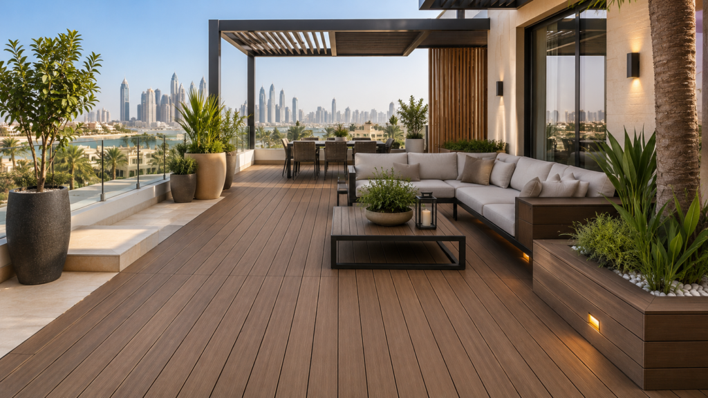 Composite outdoor decking flooring installed on a villa terrace in Dubai