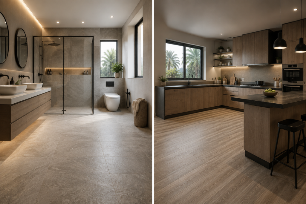 Waterproof SPC flooring installed in a modern Dubai bathroom