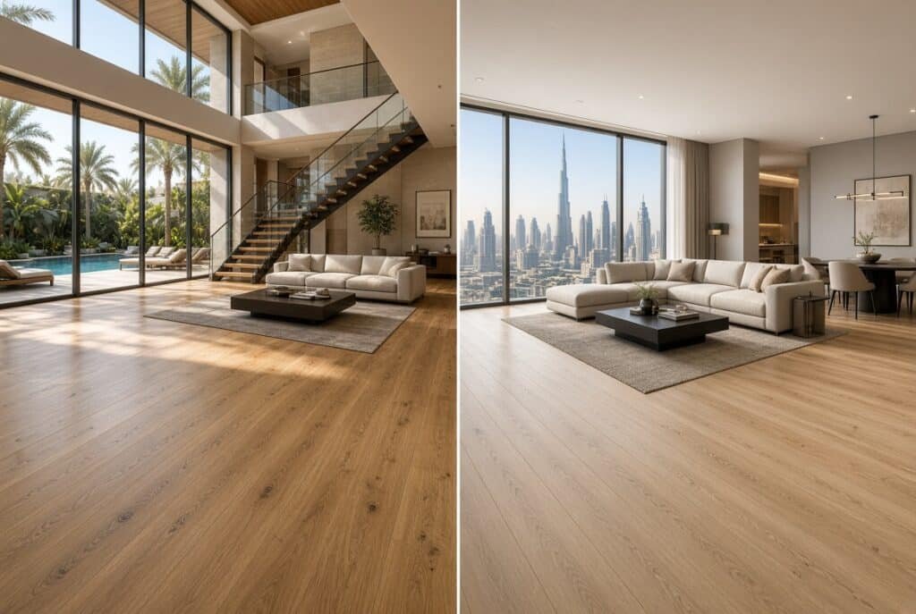 Comparison of flooring materials suited for a Dubai villa and apartment interior