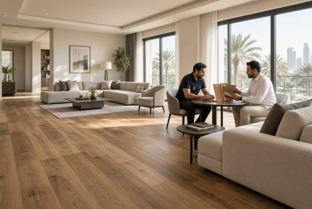 Light colored porcelain tile flooring designed to stay cool in Dubai's summer heat