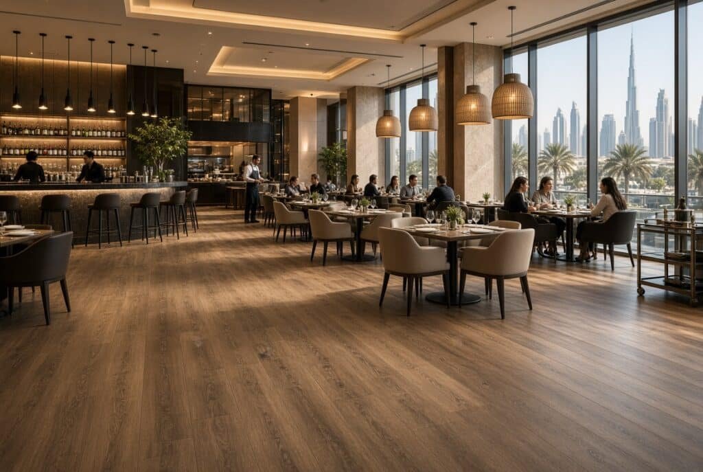 SPC flooring installed in a restaurant kitchen and dining area in Dubai