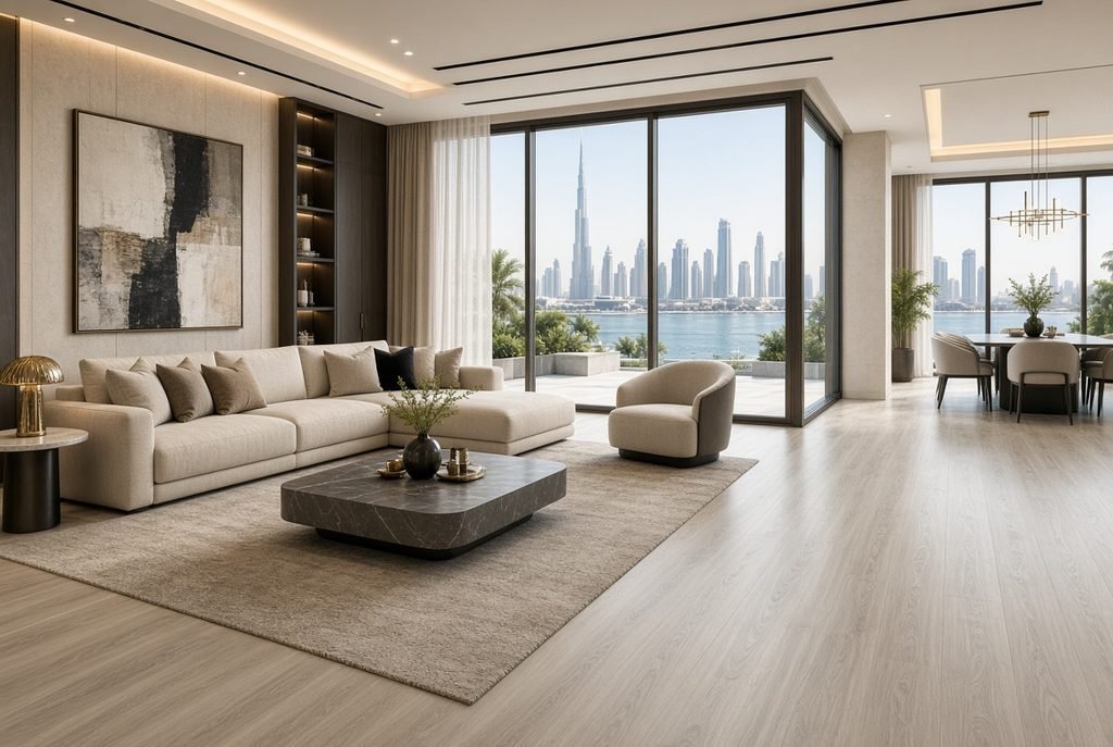 Photorealistic modern Dubai villa interior featuring premium SPC and vinyl flooring, elegant contemporary furniture, large windows, bright natural daylight, luxurious UAE home, realistic flooring texture, clean architectural photography,