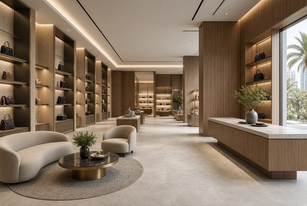Photorealistic premium Dubai retail store interior with durable commercial SPC flooring, elegant wood texture, modern displays, bright natural lighting, sophisticated commercial design, realistic architectural photography