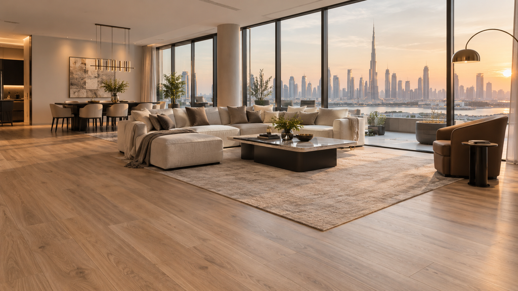 Luxury vinyl flooring UAE in modern Dubai living room