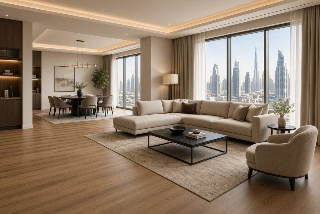Laminate flooring installation cost Dubai in modern living room