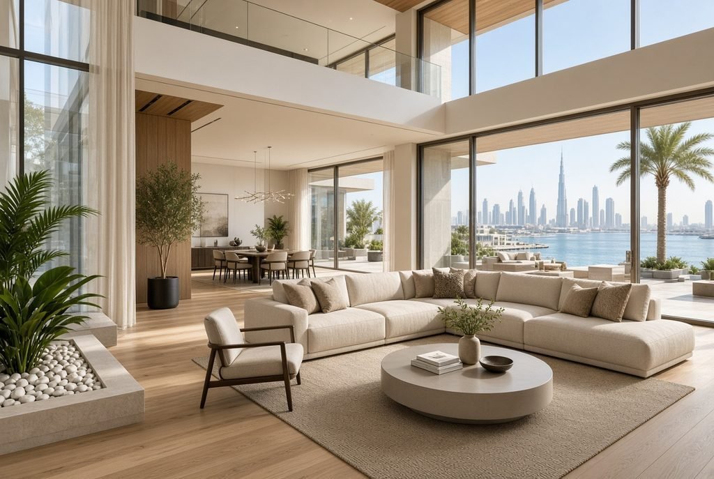 Photorealistic luxury Dubai villa interior featuring sustainable eco friendly flooring, natural engineered wood flooring combined with modern neutral furniture, large floor to ceiling windows, bright UAE daylight, elegant contemporary architecture, realistic wood texture, clean premium interior photography, no people, no text, no logo, 16:9