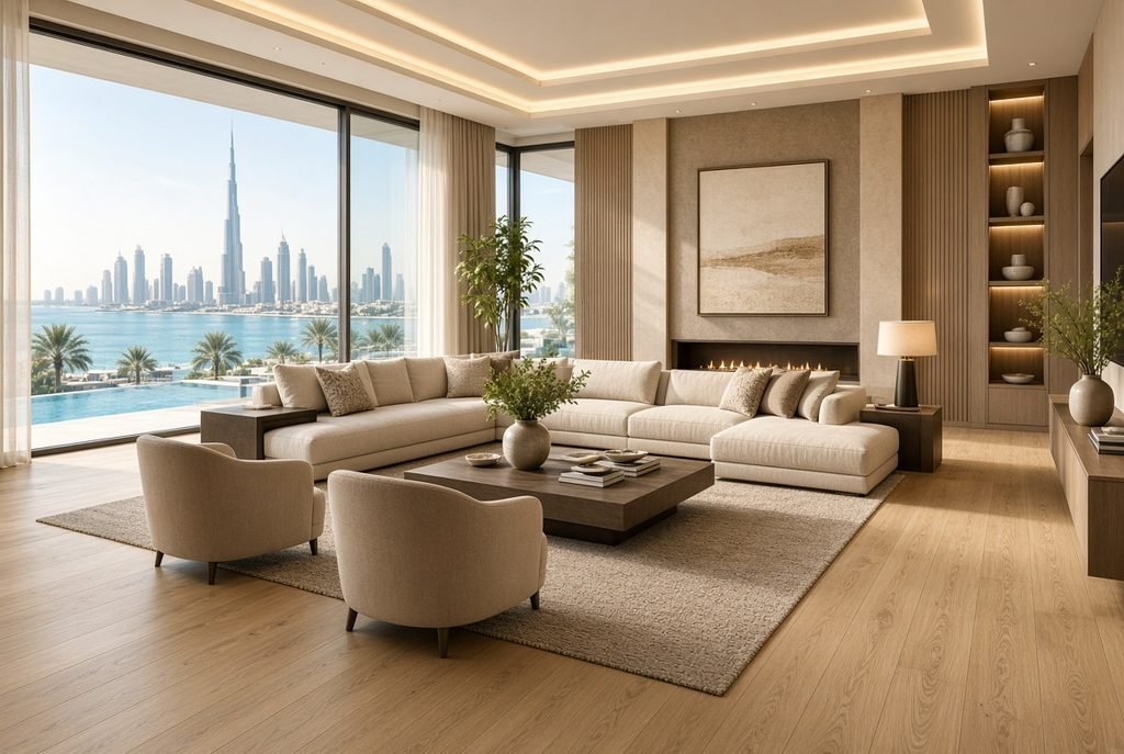 Benefits of SPC Vinyl Flooring for UAE Homes Photorealistic luxury Dubai villa living room featuring premium SPC vinyl flooring with realistic natural oak wood texture, contemporary beige furniture, large floor to ceiling windows, elegant UAE interior design, bright natural daylight, highly detailed flooring surface,