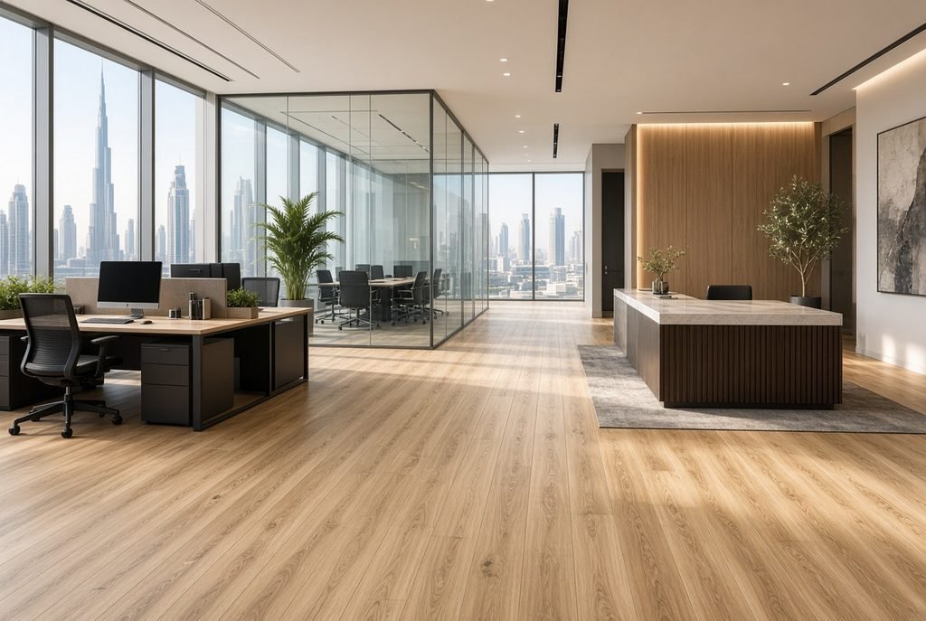 Commercial vinyl flooring Dubai
Photorealistic modern Dubai commercial office with premium commercial vinyl flooring featuring realistic natural wood texture, contemporary desks, glass partitions, elegant reception area, large windows, bright natural UAE daylight, sophisticated corporate interior, highly detailed flooring surface, architectural photography, no people, no text, no logo, 16:9