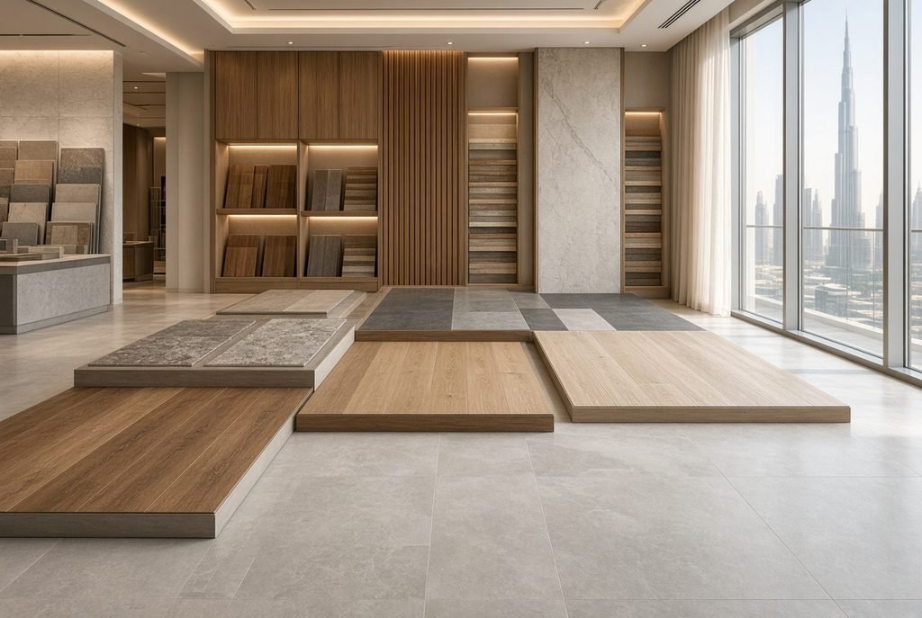 Affordable flooring suppliers DubaiPhotorealistic premium Dubai flooring showroom featuring affordable flooring options, SPC, vinyl, laminate and porcelain tile samples displayed across a modern showroom, elegant contemporary interior, realistic wood and stone textures, professional flooring displays, subtle Dubai architectural influence, bright natural lighting, clean organized environment
