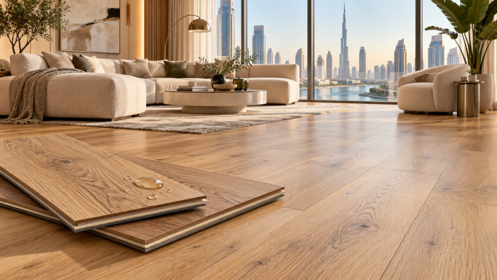 Waterproof rated laminate flooring with a natural oak finish in a modern Dubai apartment