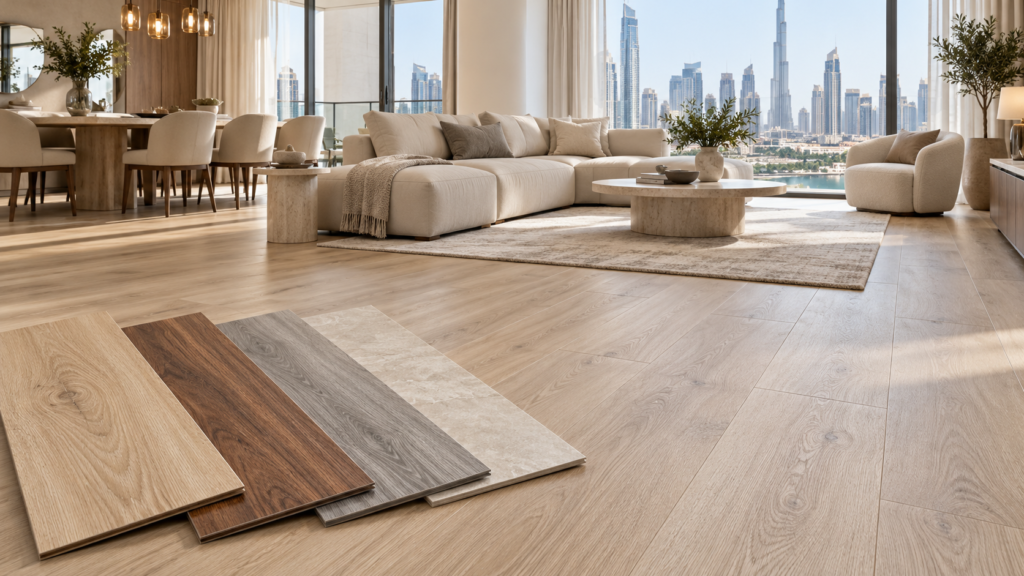 PVC vinyl flooring in a light oak finish in a modern Dubai apartment