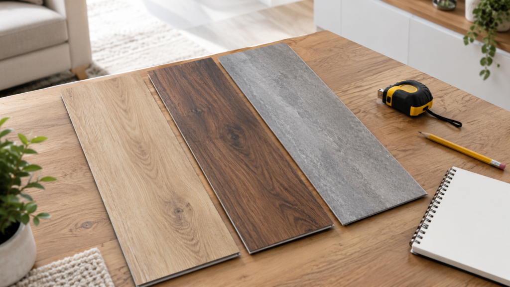SPC flooring price in Dubai: plank samples and tape measure on a living room floor