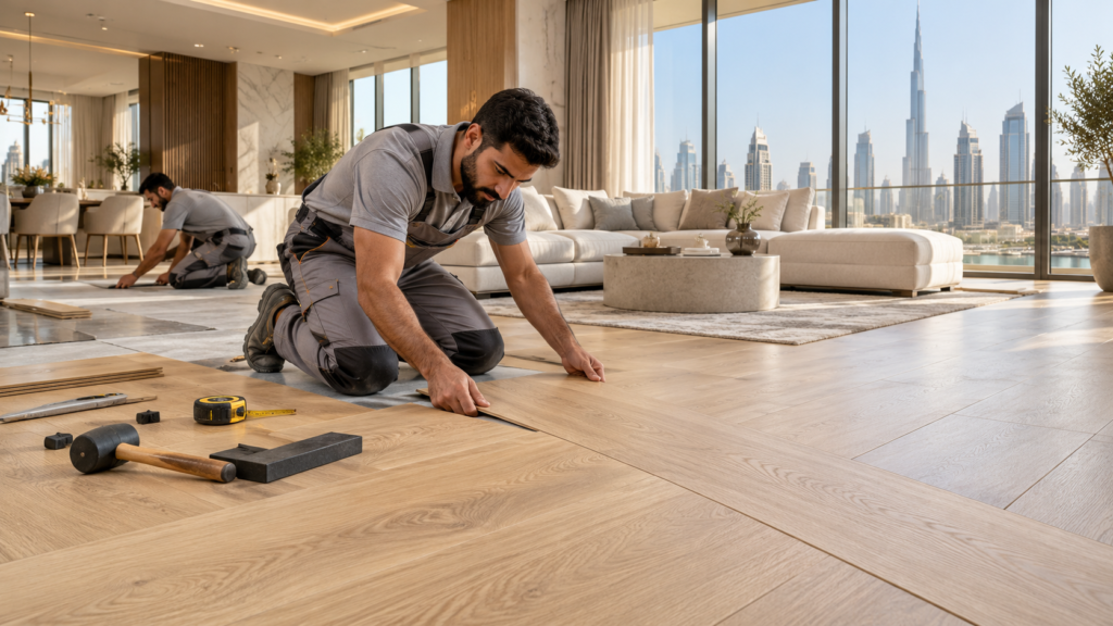 Vinyl flooring samples in wood and stone finishes at a modern Dubai flooring showroom