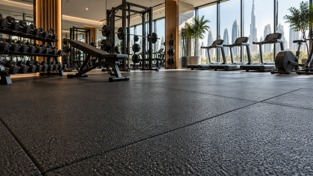 Black rubber gym flooring in a modern Dubai fitness centre