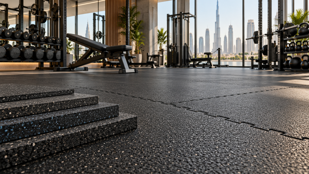 Rubber gym flooring tiles and different thicknesses in a modern fitness centre