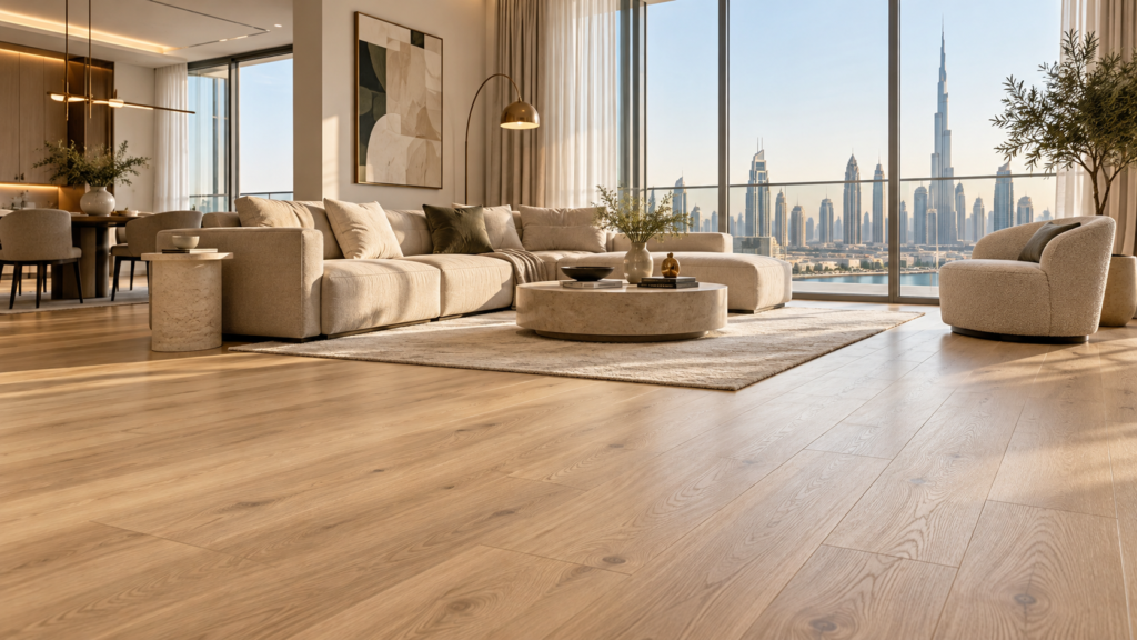 Laminate flooring in a modern Dubai apartment living room