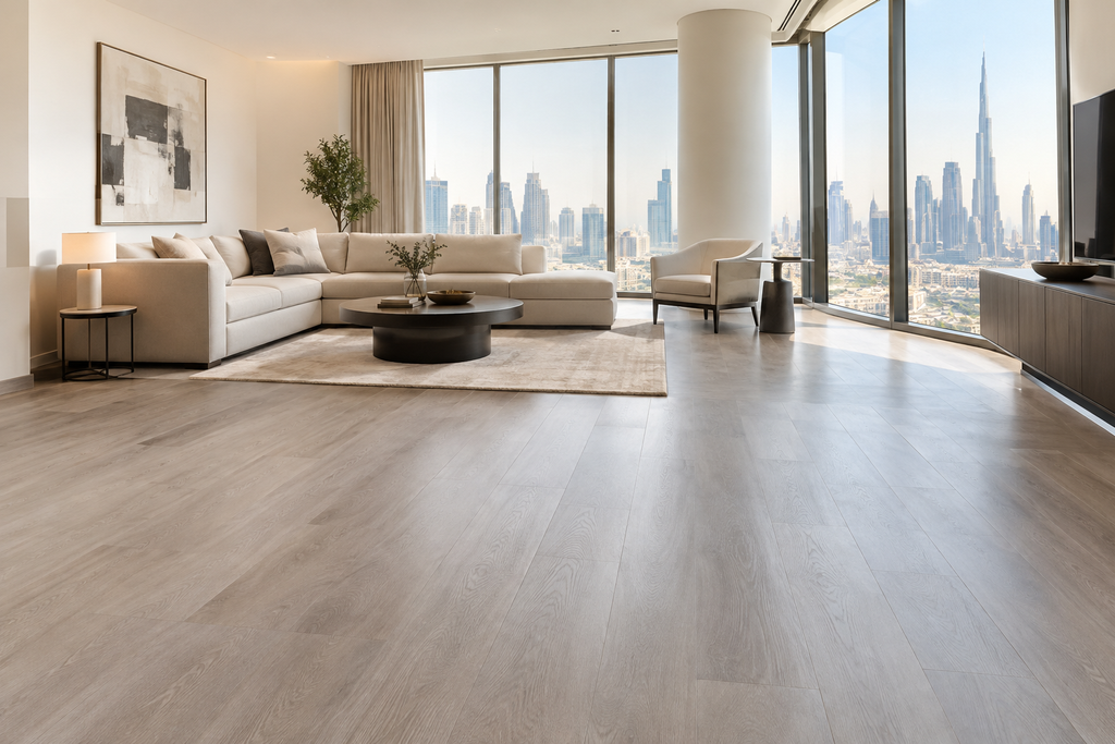 SPC flooring Dubai villa living room with light oak planks