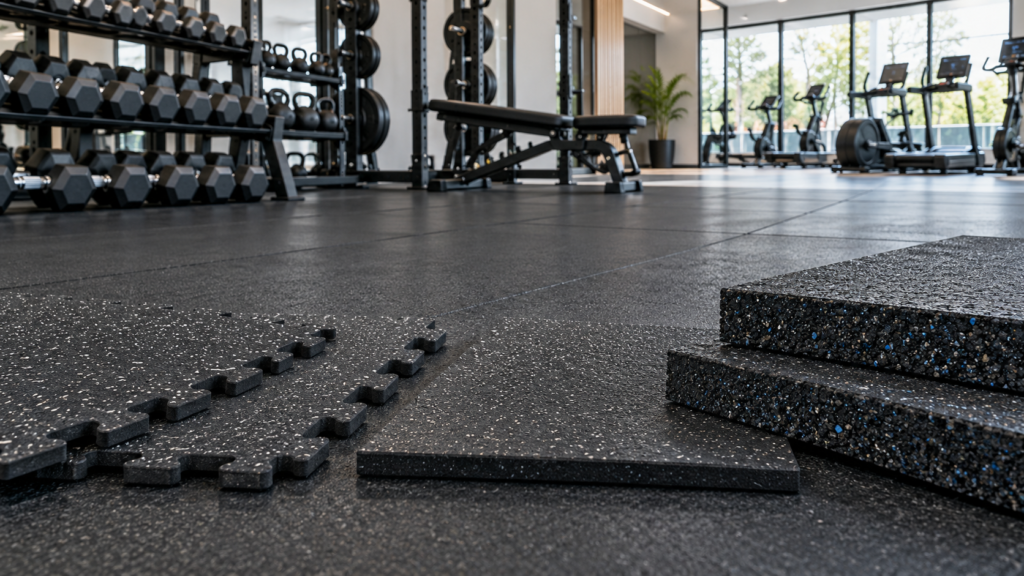 Different thicknesses of black rubber gym flooring mats in a modern fitness centre