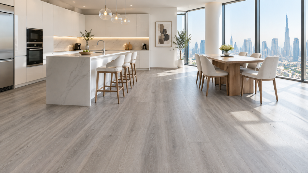 What is SPC flooring: cross section of a plank showing wear layer and limestone core