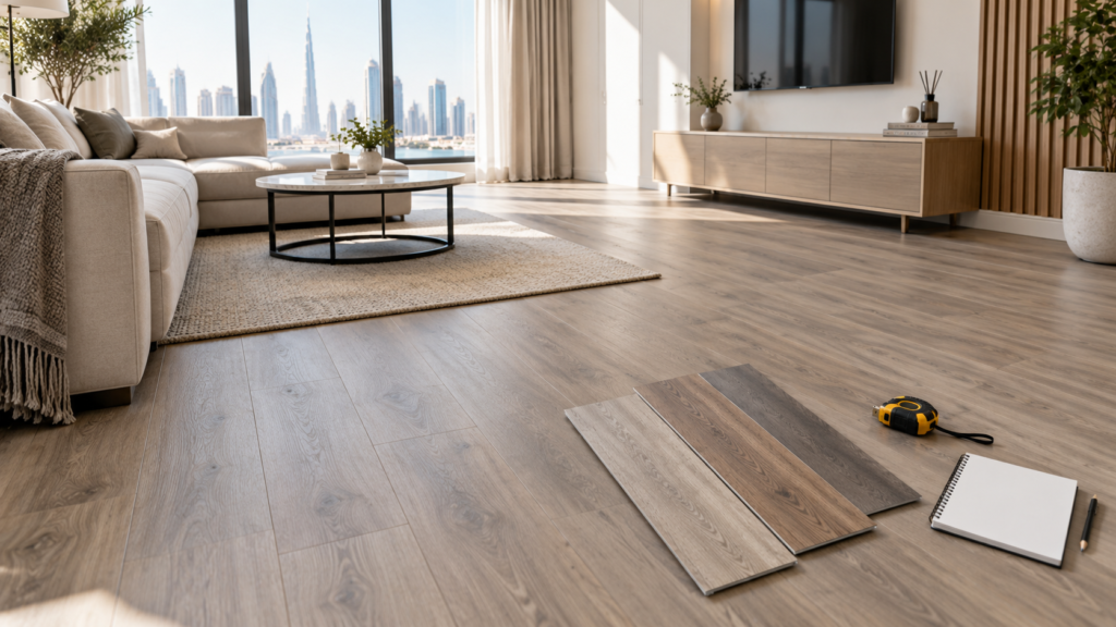 Vinyl flooring price in UAE: plank samples and tape measure on a living room floor