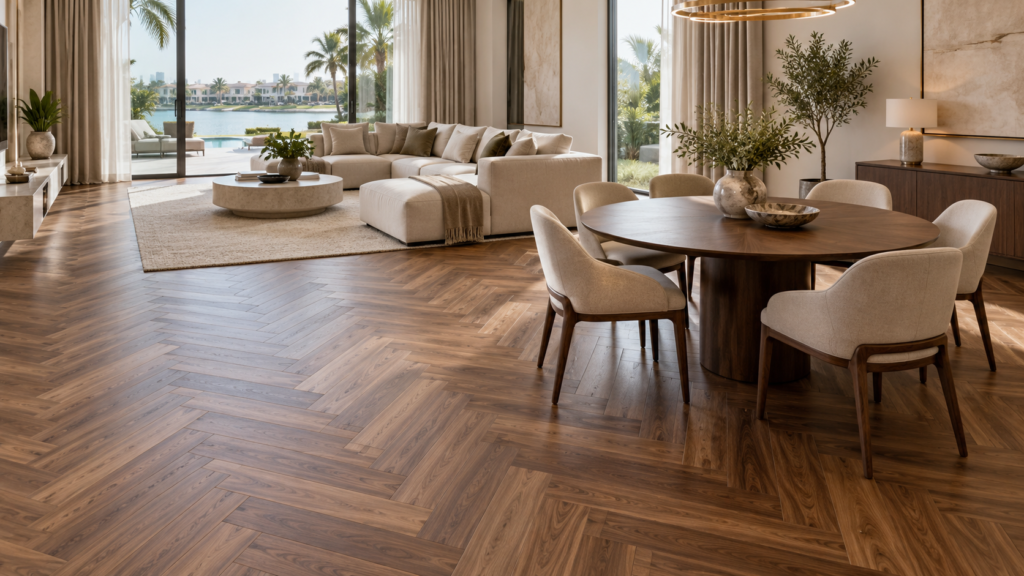 Herringbone flooring cost in the UAE: walnut herringbone pattern in a Dubai villa living room