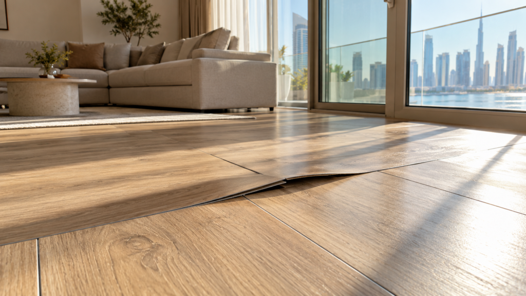 Buckled vinyl plank flooring near a sunny window in a Dubai apartment