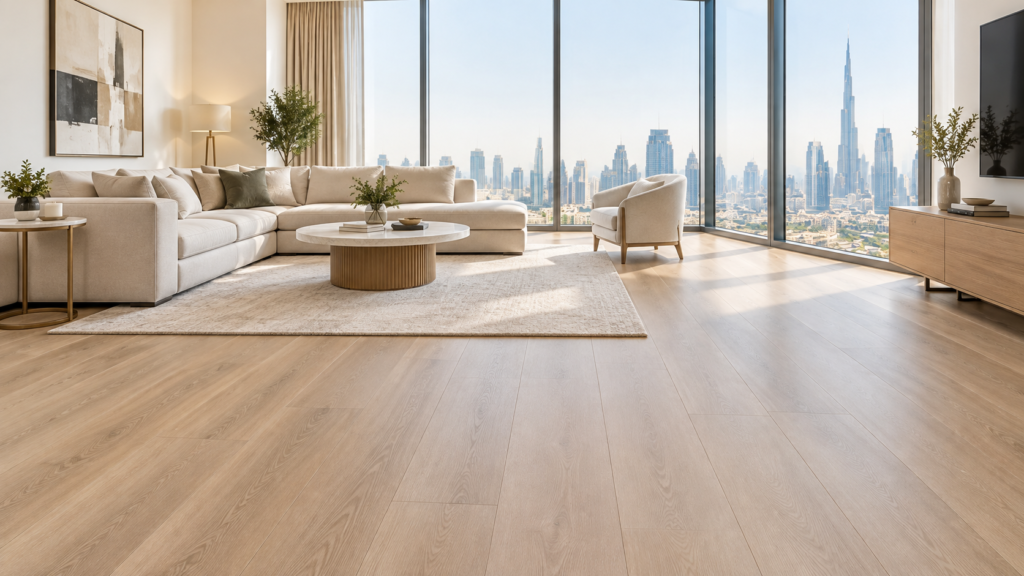 Vinyl flooring Dubai apartment living room with light oak planks