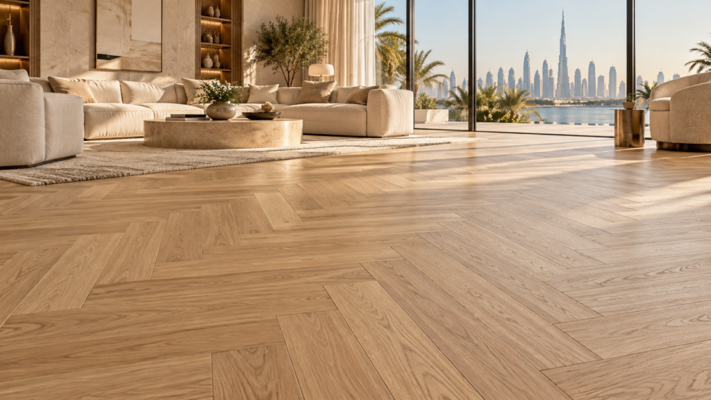 Light oak herringbone flooring in a modern Dubai villa living room