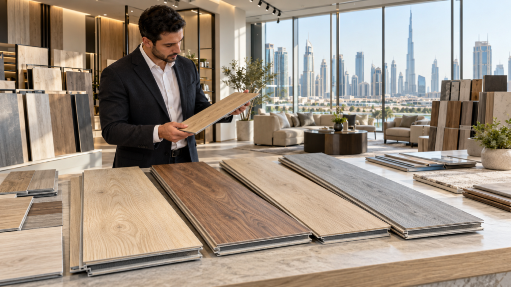 SPC flooring samples in different wood finishes at a modern Dubai flooring showroom