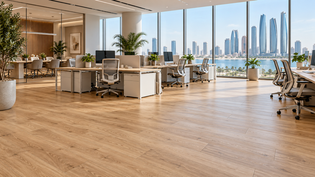 Vinyl flooring Abu Dhabi villa living room with grey oak look planks